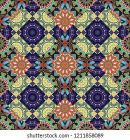 Ceramic tiles pattern. Blue, black and green mandalas. Vector hand drawn art, typical portuguese tiles. Traditional ornate portuguese decorative tiles azulejos. Seamless abstract background.