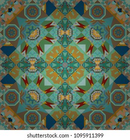 Ceramic tiles pattern. Green, beige and blue mandalas. Seamless abstract background. Vector hand drawn art, typical portuguese tiles. Traditional ornate portuguese decorative tiles azulejos.