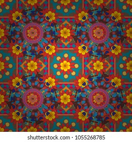 Ceramic tiles pattern. Seamless abstract background. Vector hand drawn art, typical portuguese tiles. Brown, red and blue mandalas. Traditional ornate portuguese decorative tiles azulejos.