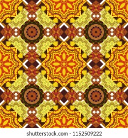 Ceramic tiles pattern. Traditional ornate portuguese decorative tiles azulejos. Yellow, orange and brown mandalas. Vector hand drawn art, typical portuguese tiles. Seamless abstract background.
