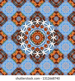 Ceramic tiles pattern. Traditional ornate portuguese decorative tiles azulejos. Vector hand drawn art, typical portuguese tiles. Seamless abstract background. Blue, orange and gray mandalas.