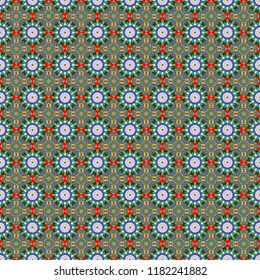 Ceramic tiles pattern. Vector hand drawn art, typical portuguese tiles. Red, blue and green mandalas. Seamless abstract background. Traditional ornate portuguese decorative tiles azulejos.