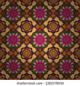 Ceramic tiles pattern. Vector hand drawn art, typical portuguese tiles. Traditional ornate portuguese decorative tiles azulejos. Yellow, brown and purple mandalas. Seamless abstract background.