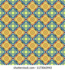 Ceramic tiles pattern. Yellow, blue and orange mandalas. Traditional ornate portuguese decorative tiles azulejos. Seamless abstract background. Vector hand drawn art, typical portuguese tiles.