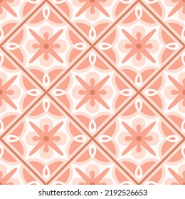 Ceramic tiles seamless pattern with abstract floral elements. Kitchen patchwork, Italian floor, Moroccan kitchen artwork. Vector decorative illustration, background in pink, terra cotta colors. 