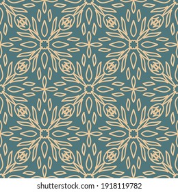 Ceramic tiles seamless pattern. Geometric pattern. Portuguese, Spanish or Moroccan traditional national ornament. Vector mandalas. Pattern with yellow leaves on a turquoise background.