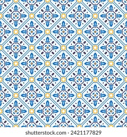 Ceramic tiles seamless pattern with Italian majolica, Spanish mosaic, Moroccan ornament. Diagonal classic oriental patchwork. Vector illustration for kitchen, floor, textile. Geometric design.