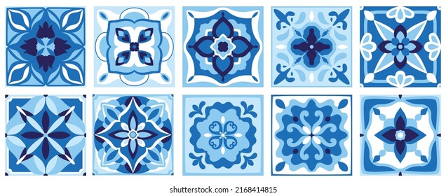 Ceramic tiles set in blue cobalt colors. Azulejo, Spanish pattern, Patchwork floral ornaments, Portuguese background. Majolica, decorative pottery design, vector illustration.