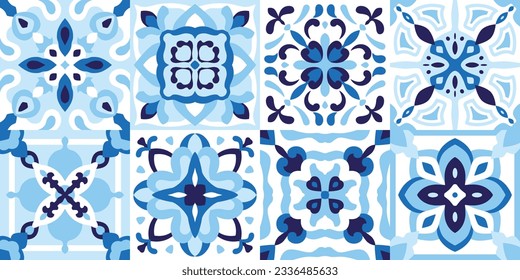 Ceramic tiles set in blue cobalt color. Subtle majolica, Spanish pattern, Portuguese patchwork ornaments, decorative pottery design, vector illustration for floor, wall, kitchen interior, textile