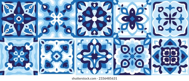 Ceramic tiles set in blue indigo color. Majolica, Azulejo, Spanish pattern, Patchwork ornaments, Portuguese background, decorative pottery design, vector illustration for floor, wall, kitchen interior