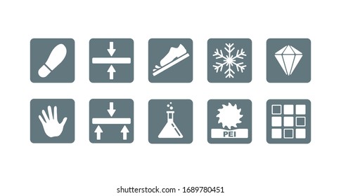 Especificaciones de azulejos cerámicos - iconos de características - pictorgamas con baldosas de pared y suelo, espesor, dureza, resistencia, iconos de absorción para el embalaje de azulejos