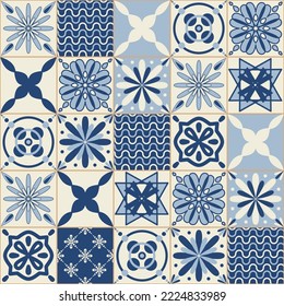 Ceramic tiles for wall decoration, blue indigo monochrome color, stylish vector illustration