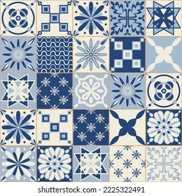 Ceramic tiles for wall decoration, blue indigo monochrome color, stylish vector illustration for interior design