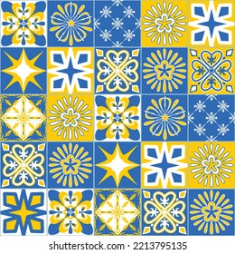 Ceramic tiles for wall and floor decoration, blue yellow white color, vector illustration