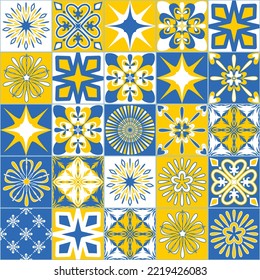 Baldosas cerámicas para decoración de paredes y suelos, color amarillo azul, ilustración vectorial simétrica
