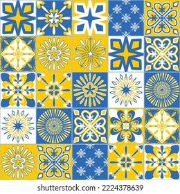 Ceramic tiles for wall and floor decoration, blue yellow white color, symmetrical pattern vector illustration