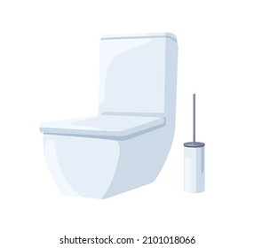 Ceramic toilet and brush stand. WC seat closed with lid. Water closet bowl with tank. Flush, clean sanitary unit. Lavatory, restrooms facility. Flat vector illustration isolated on white background