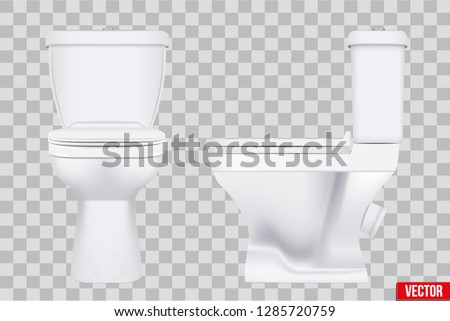 Ceramic toilet classic model set. Front and Side view. Equipment for bathroom and WC. Vector Illustration isolated on transparent background.