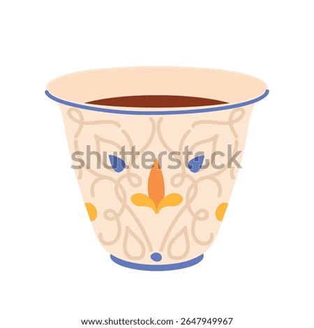Ceramic Turkish cup with oriental ornament. Traditional glass for coffee in Arab countries. Vector illustration in flat style.