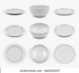 Ceramic utensils. Kitchen elegant empty plates dishes bowls for food vector collection set