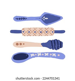 Ceramic utensils set. Kitchen ceramics in rustic country style. Handmade tableware, ware for cooking, spatula, roller, honey dipper, spoon. Flat vector illustrations isolated on white background