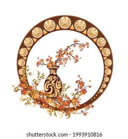 jarrón de cerámica con ramas de arce de otoño arreglo ikebana y marco decorativo natural y ornamental vectorial