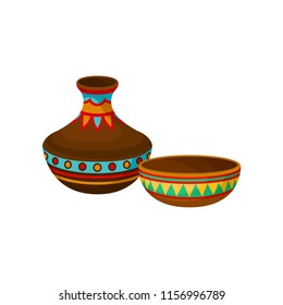 Ceramic vase and bowl, authentic symbol of Africa with ethnic ornament vector Illustration on a white background