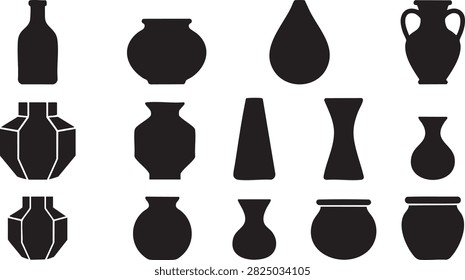 Ceramic vase and clay pot silhouette set with black shapes for home decor and interior design