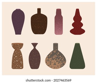 Ceramic Vase Collection With Texture. Hand Drawn Ceramic Pottery Vector Set. Different Shapes In Minimalist Style. Can Be Used As T-shirt Print, Decorative Element, Poster.