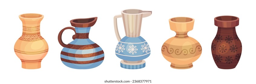 Ceramic Vase and Crafted Clay Container with Ornament Vector Set
