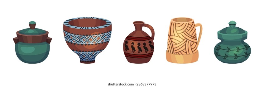 Ceramic Vase and Crafted Clay Container with Ornament Vector Set
