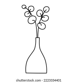 Ceramic vase with eucalyptus branch, scandi home decor icon, decorating ideas for home, trendy decorative item, vector doodle illustration of modern flower arrangement, isolated outline clipart