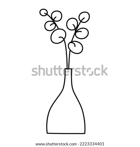 Ceramic vase with eucalyptus branch, scandi home decor icon, decorating ideas for home, trendy decorative item, vector doodle illustration of modern flower arrangement, isolated outline clipart
