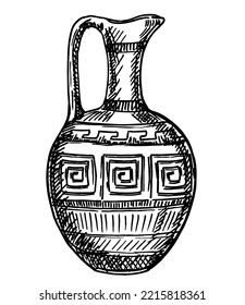 Ceramic Vase from excavations in Greece, painted archaeological pottery. Ancient Greek jug, pot, terracotta ceramic with ornament. Old Greek patterned crockery. Artifact, antique sketch vector