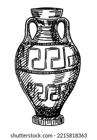 Ceramic Vase From Excavations In Greece, Painted Archaeological Pottery. Ancient Greek Jug, Pot, Terracotta Ceramic With Ornament. Artifact, Antique And Mycenae Theme. Sketch Vector Illustration