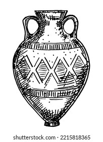 Ceramic Vase From Excavations In Greece, Painted Archaeological Pottery. Ancient Greek Jug, Pot, Terracotta Ceramic With Ornament. Artifact, Antique And Mycenae Theme. Sketch Vector Illustration