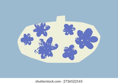 Ceramic vase with flower pattern. Wide handmade vessel with rough painted texture, asymmetric organic natural shape. Modern ceramics design. Handcrafted hand-made pottery. Flat vector illustration