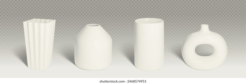 Ceramic vase for flowers. Realistic 3d vector illustration set of white different shape blank glossy porcelain bottle and pot for home interior decoration. Blossom holder clay pottery mockup.