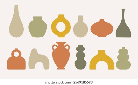 Ceramic vase icons set in flat style. Vector illustration. Modern collection ceramic vases, pots and jugs in silhouette.