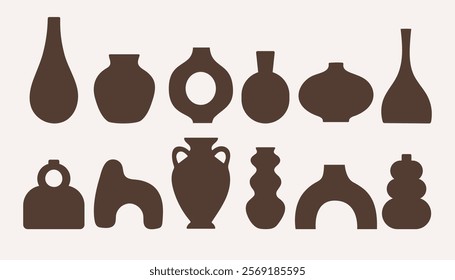 Ceramic vase icons set in flat style. Vector illustration. Modern collection ceramic vases, pots and jugs in silhouette.