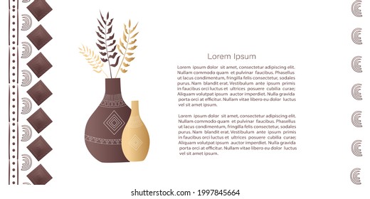 Ceramic vase and jugs, plants, abstract shapes and landscape.  Collection of contemporary art. Vector Template with copy space for invitation, cards or banner and  poster, Landing Page 