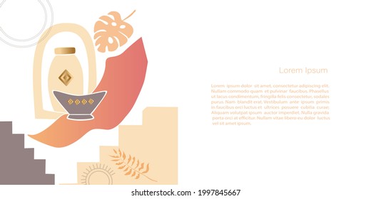 Ceramic vase and jugs, plants, abstract shapes and landscape.  Collection of contemporary art. Vector Template with copy space for invitation, cards or banner and  poster, Landing Page 