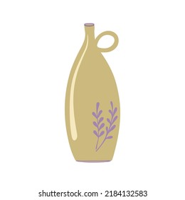 Ceramic vase. Modern pottery with herbal ornament.  Handmade oil bottle. Vector illustration isolated on white background.