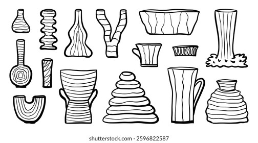 Ceramic vase set, pottery icon,old jar silhouette, decorative vases and pots. Minimalist abstract shapes for flowers in black colors. Hand drawn vector illustration. Contemporary art for home decor
