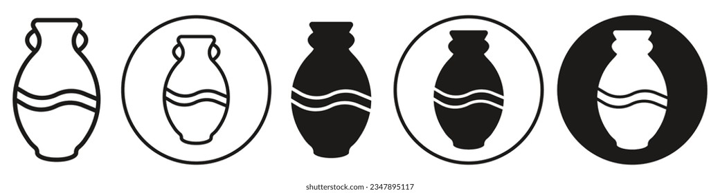 Ceramic Vase symbol Icon. Art of an old bowl with the decorative handle. Vector set of pottery clayware to show case on table made of clay. Flat outlined piece shape of ancient vintage style pot jar