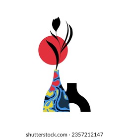 Ceramic Vase and Trendy Pottery with Floral Branch and Plant Vector Composition. Colorful Modern Vase with Ornament and Round Shape