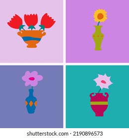 Ceramic Vases and Abstract flowers. Hand drawn Vector set. Trendy colorful illustration.
