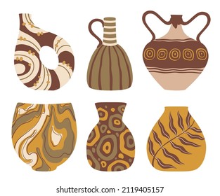 Ceramic vases with abstract and plant design. Crockery with handles, ancient vessels. Antique ethnic jug or pot for museum or exhibition. Home decor, interior objects isolated vector set