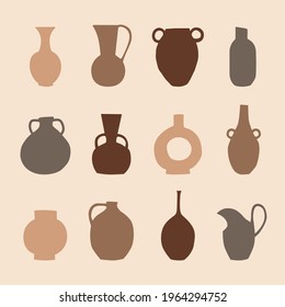 Ceramic Vases. Antique, ancient ceramics. Different shapes. Colored silhouettes. Pottery concept. Trendy illustration.