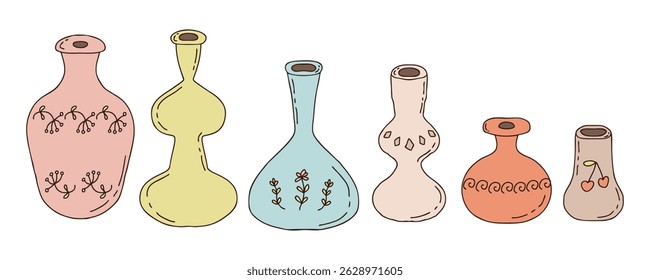 Ceramic vases clipart vector set. Cartoon different flat design style collection. Hand drawn doodle illustration isolated on white background.